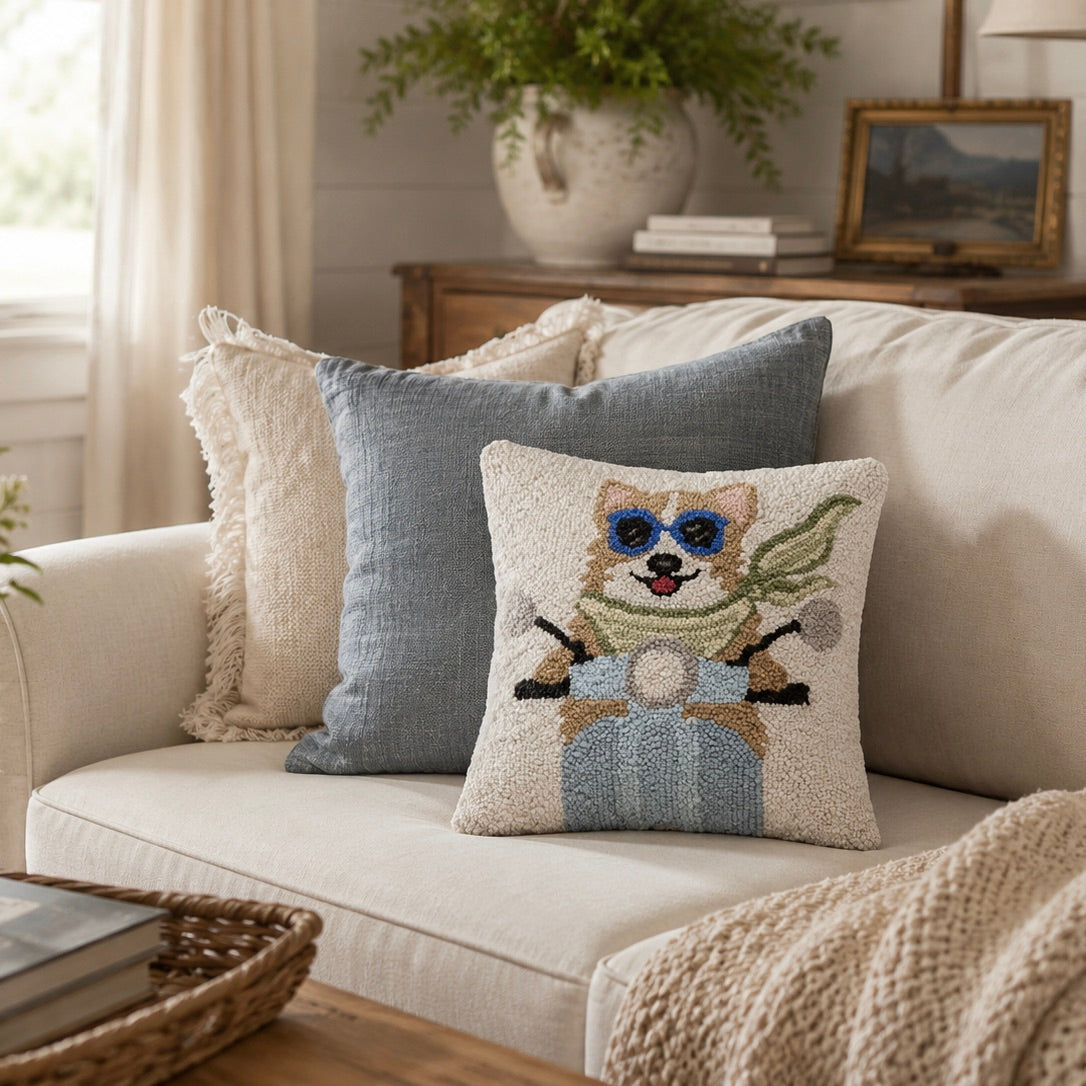 Corgi on Scooter Pillow