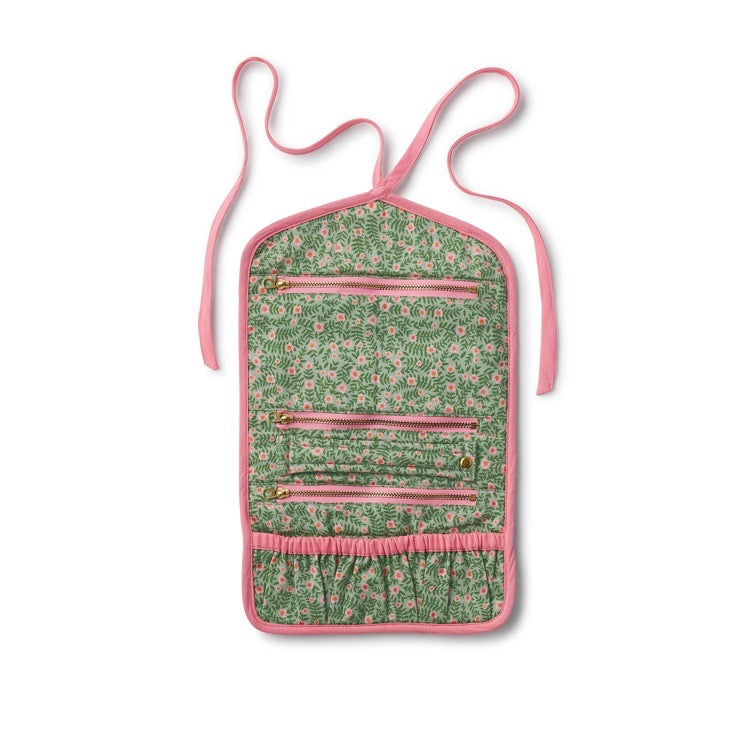 Floral-patterned pouch with pink accents on a white background