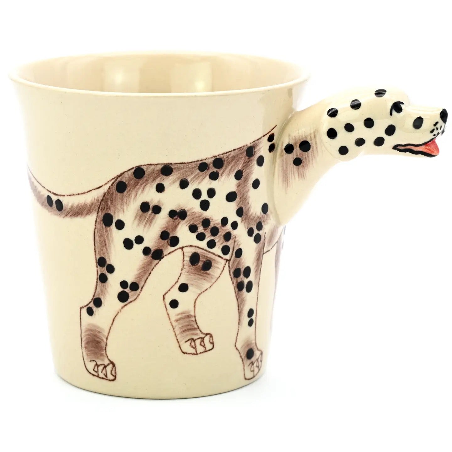 Mug shaped like a dalmatian dog with a handle on a white background