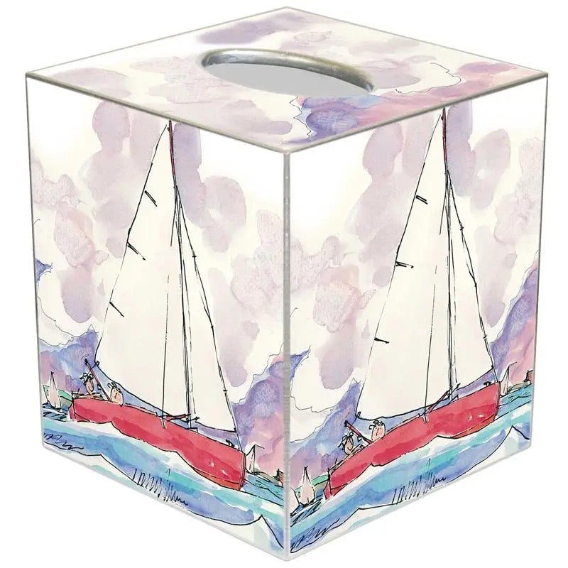 Tissue box cover with sailboat design on a white background