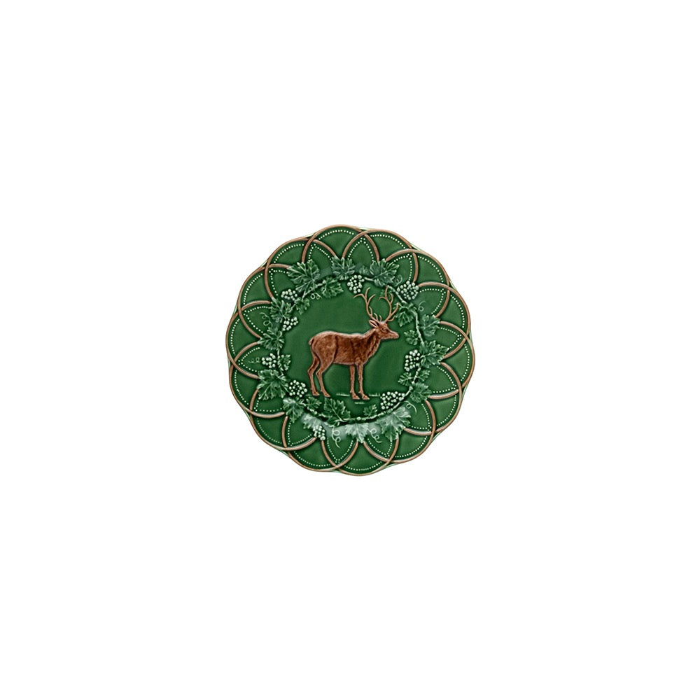 Decorative green plate with a deer design on a white background
