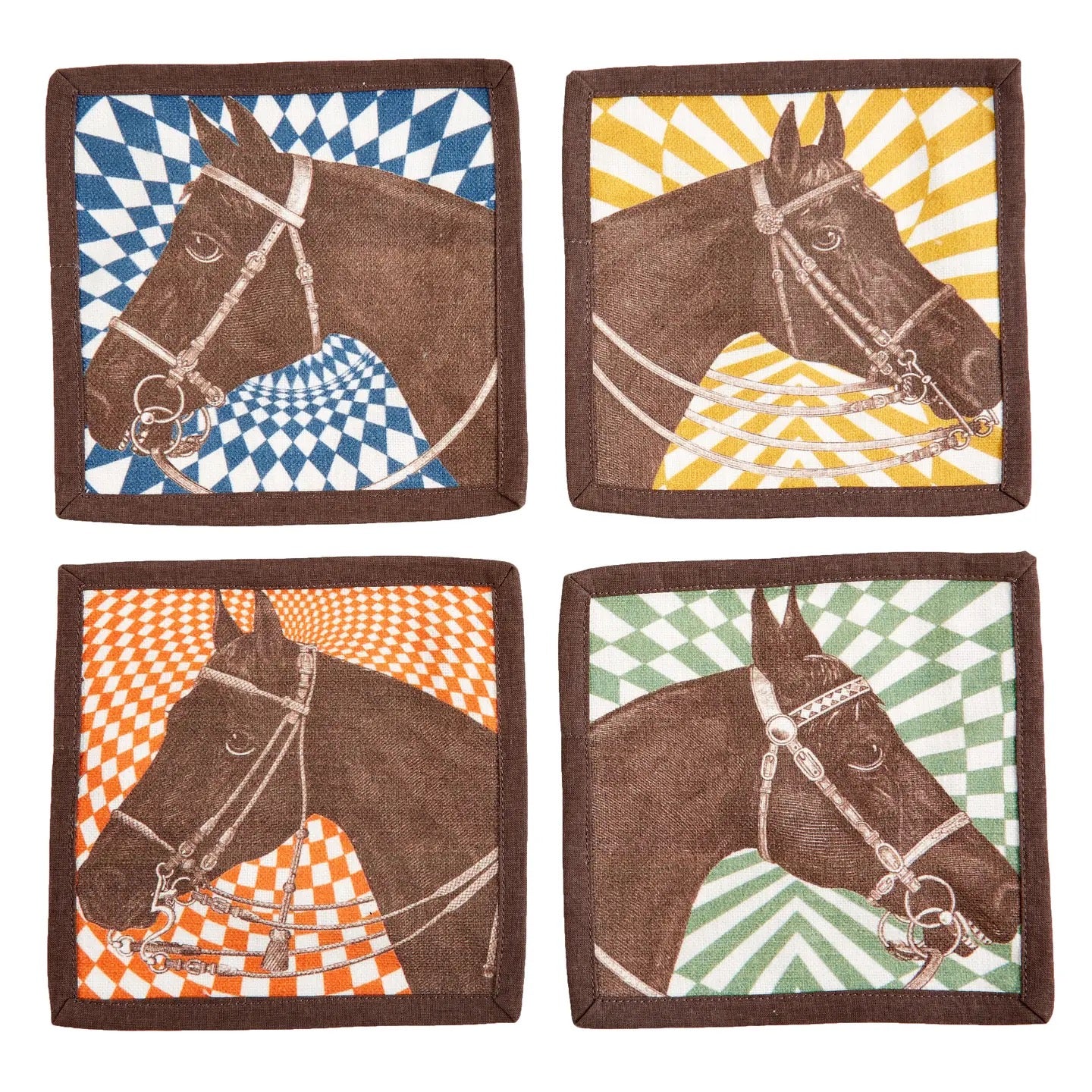 Four square coasters with horse illustrations and colorful checkered patterns on a white background.