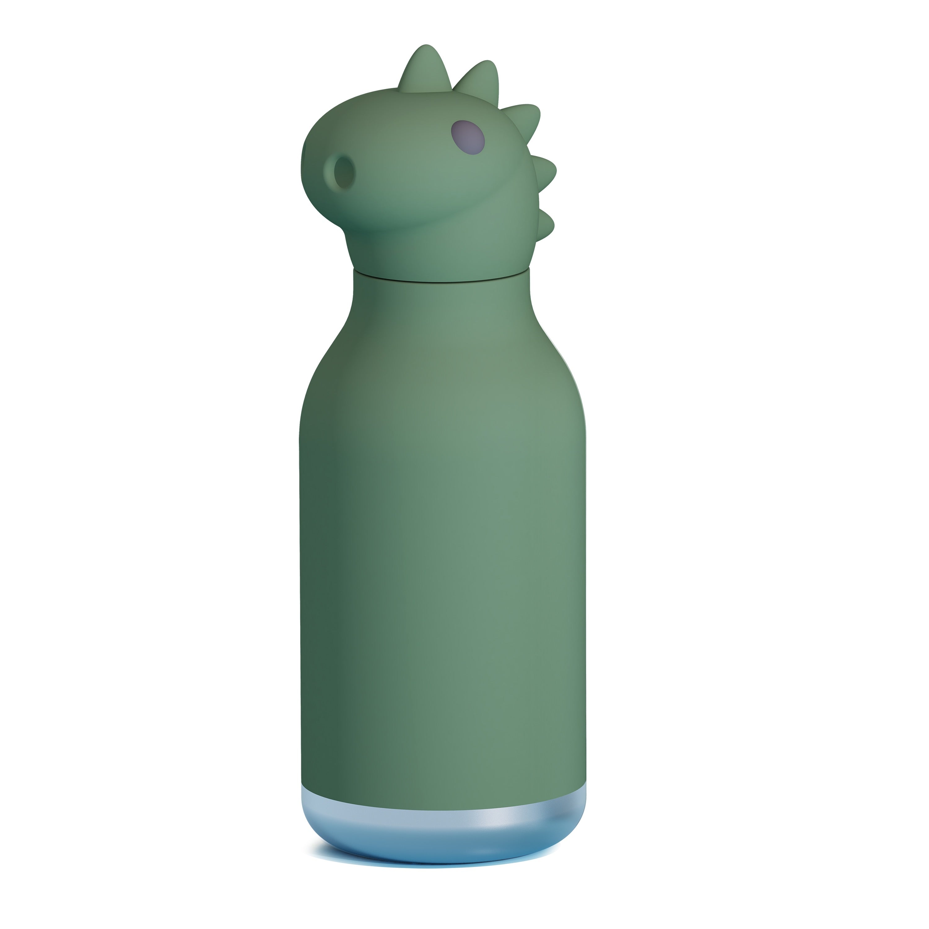 Green dinosaur-shaped water bottle on a white background