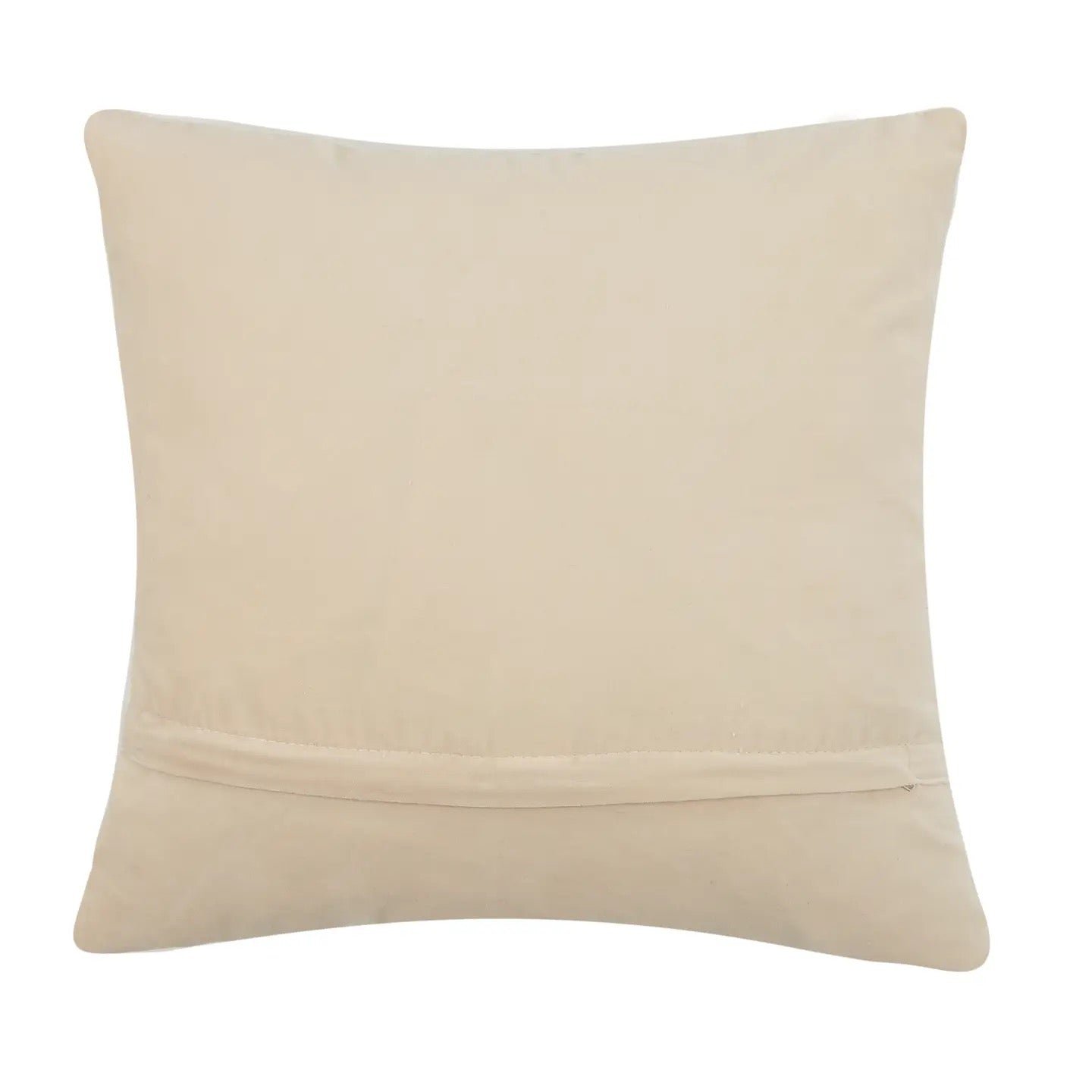 A square beige throw pillow with a smooth, slightly textured fabric surface and a horizontal stitched seam near the bottom edge, shown against a plain white background.