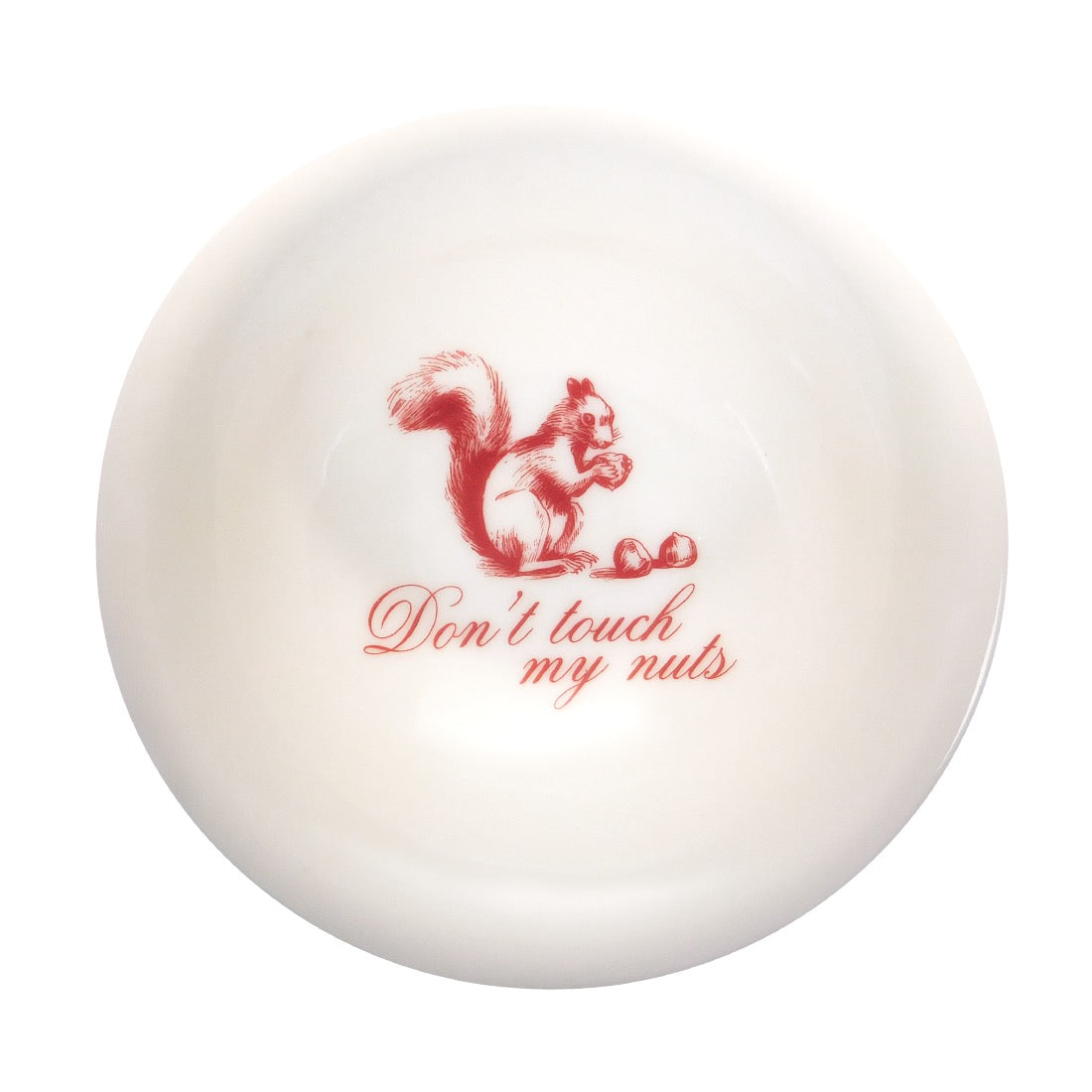 White ball with red squirrel graphic and text 'Don't touch my nuts' on a white background