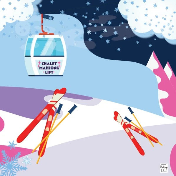 A stylized winter scene illustration featuring a gondola labeled 'CHALET MARJONG LIFT' above skis and ski poles on snowy slopes under a starry night sky.