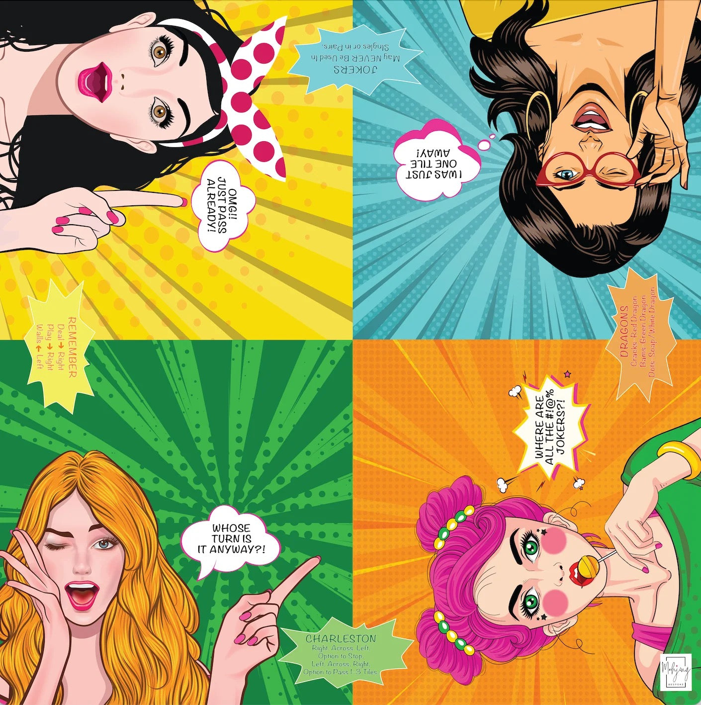 Four colorful panels with stylized women's portraits and speech bubbles on a comic book style background.