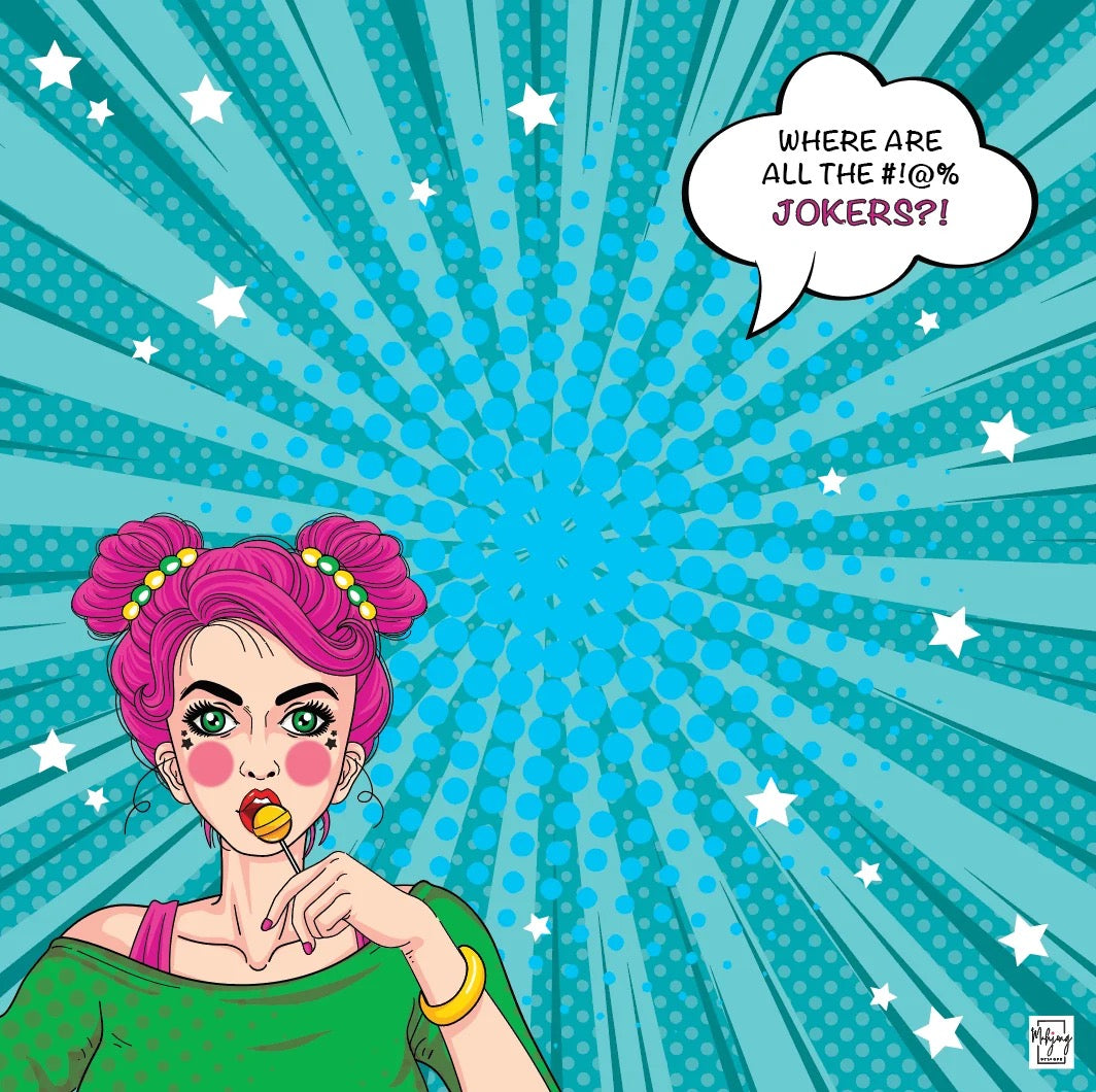 Comic-style illustration of a woman with pink hair and a speech bubble asking 'Where are all the jokers?' on a blue radial burst background.