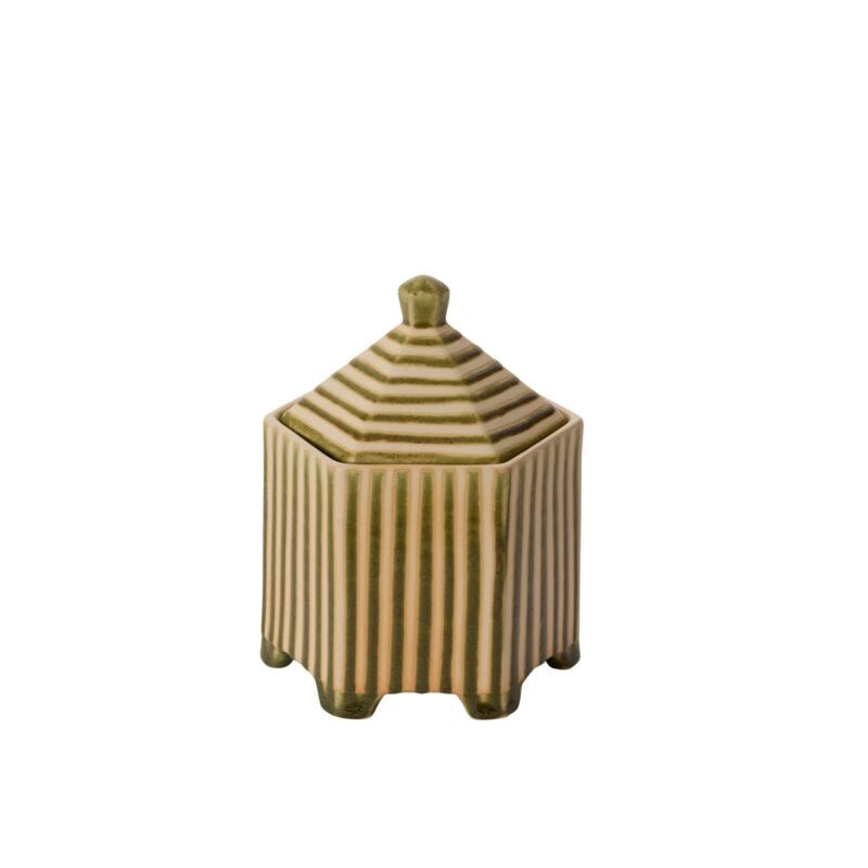 A small hexagonal ceramic lidded container with vertical stripes in olive green and cream, set against a plain white background.