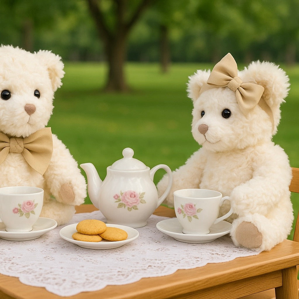 Two teddy bears with bows sitting at a tea set on a table outdoors.