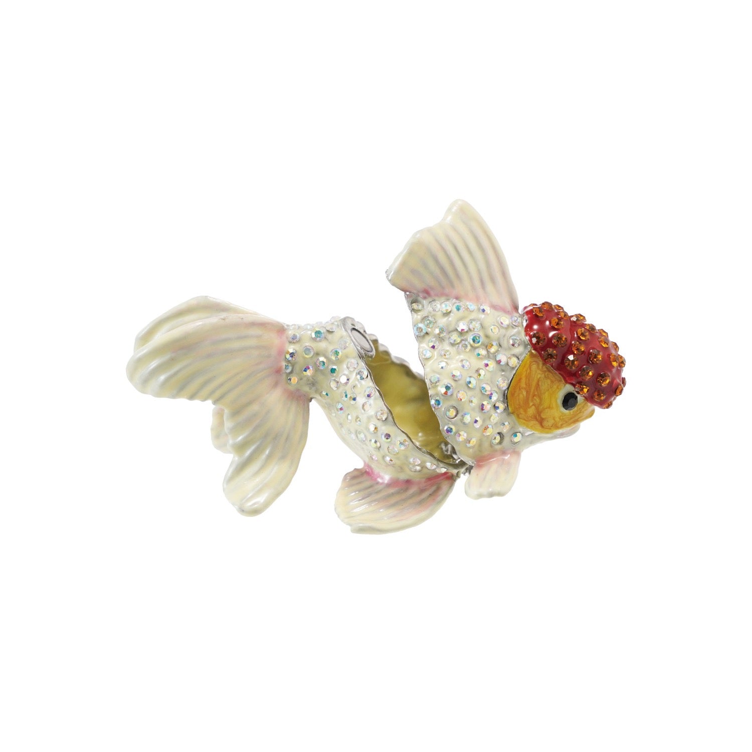 Decorative goldfish figurine with rhinestone embellishments on a white background