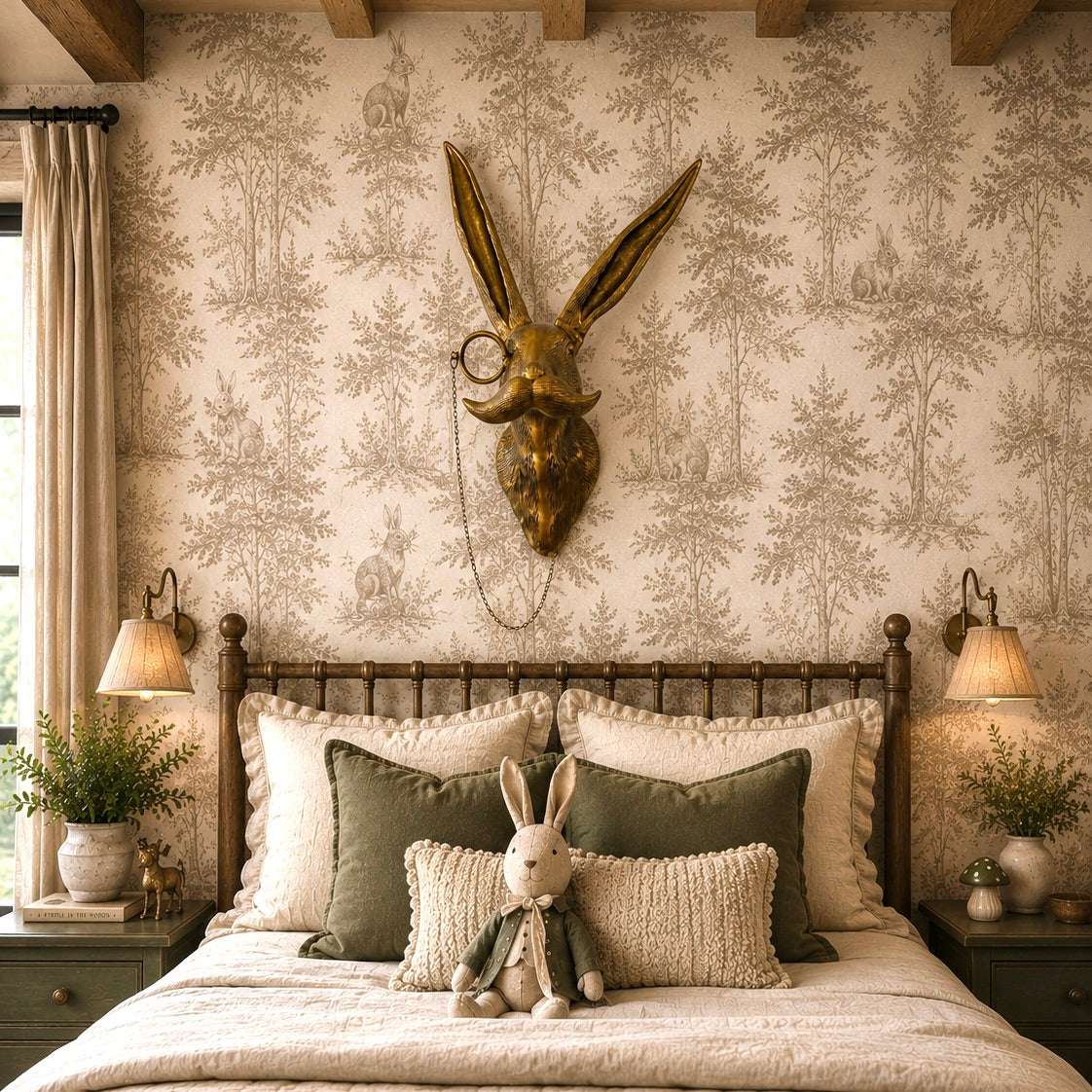 Decorative bedroom with floral wallpaper, rabbit head sculpture, and plush toys on a bed.