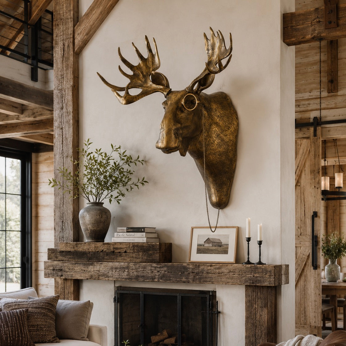 Decorative gold deer head mounted on a wall above a fireplace in a rustic living room.