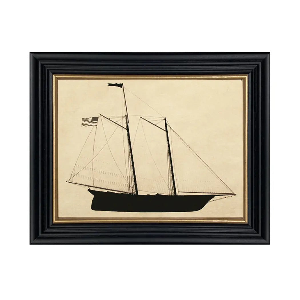 Framed artwork of a sailboat on beige paper with a black frame.