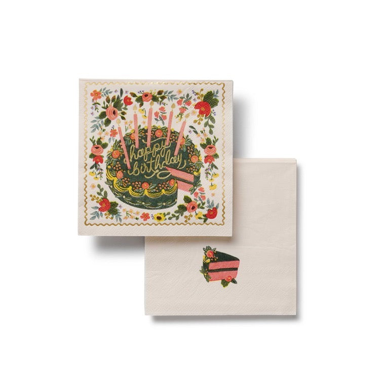 Birthday card with floral design and cake illustration on a white background