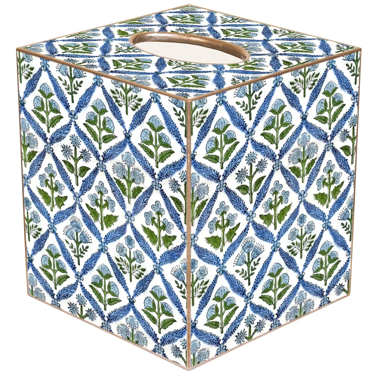 A square tissue box cover with a white base and an intricate blue and green botanical pattern, featuring a cutout handle on top, shown against a plain white background.