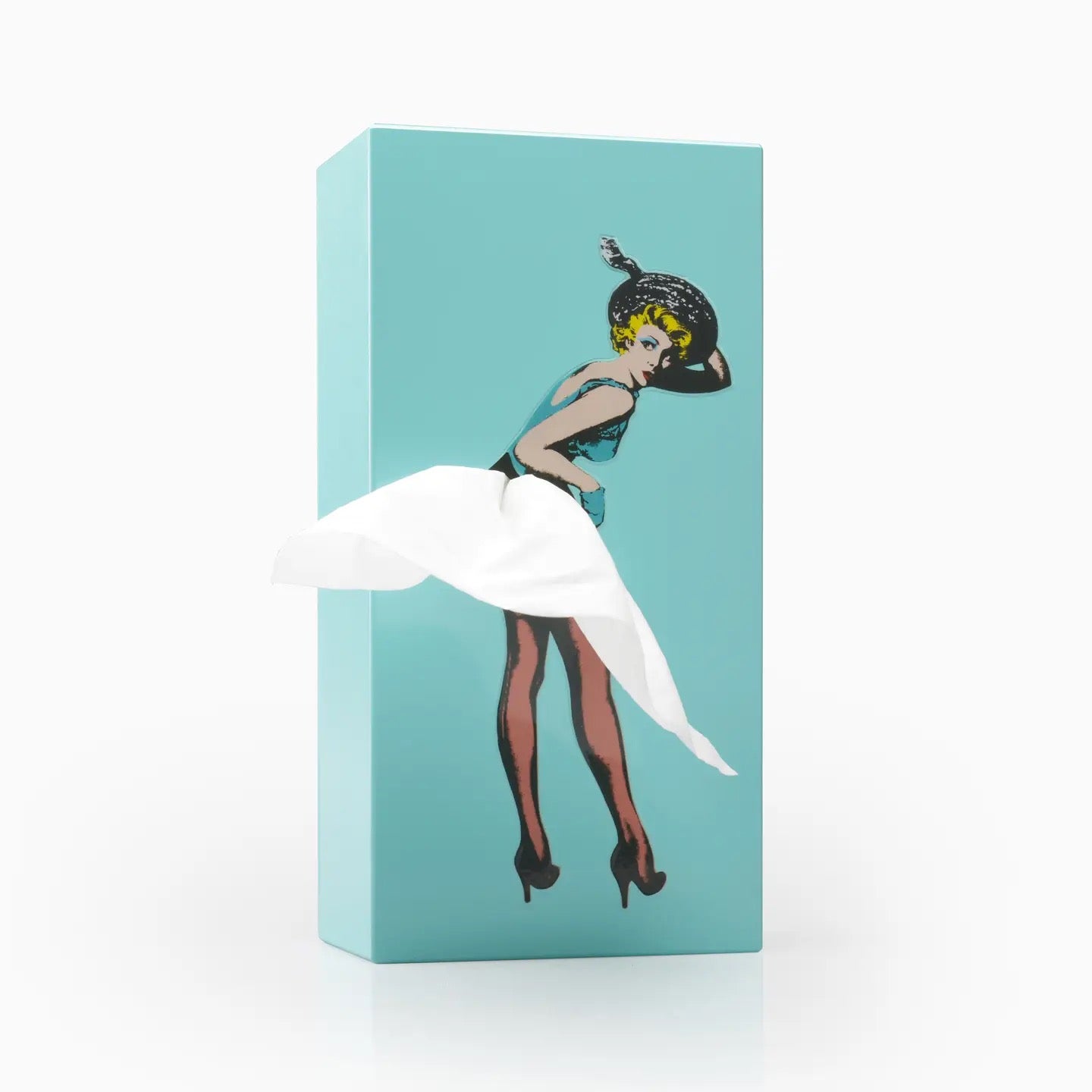 Box with a stylized illustration of a woman on a light blue background