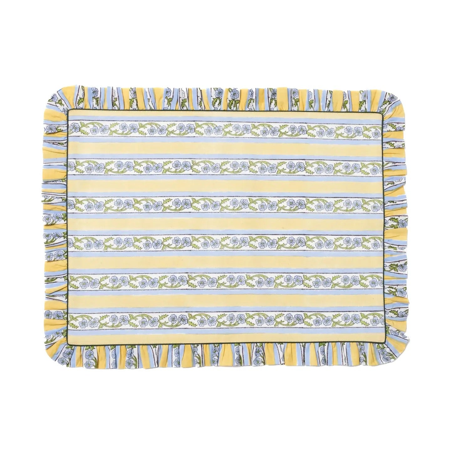 Placemat with yellow and blue striped pattern on a white background