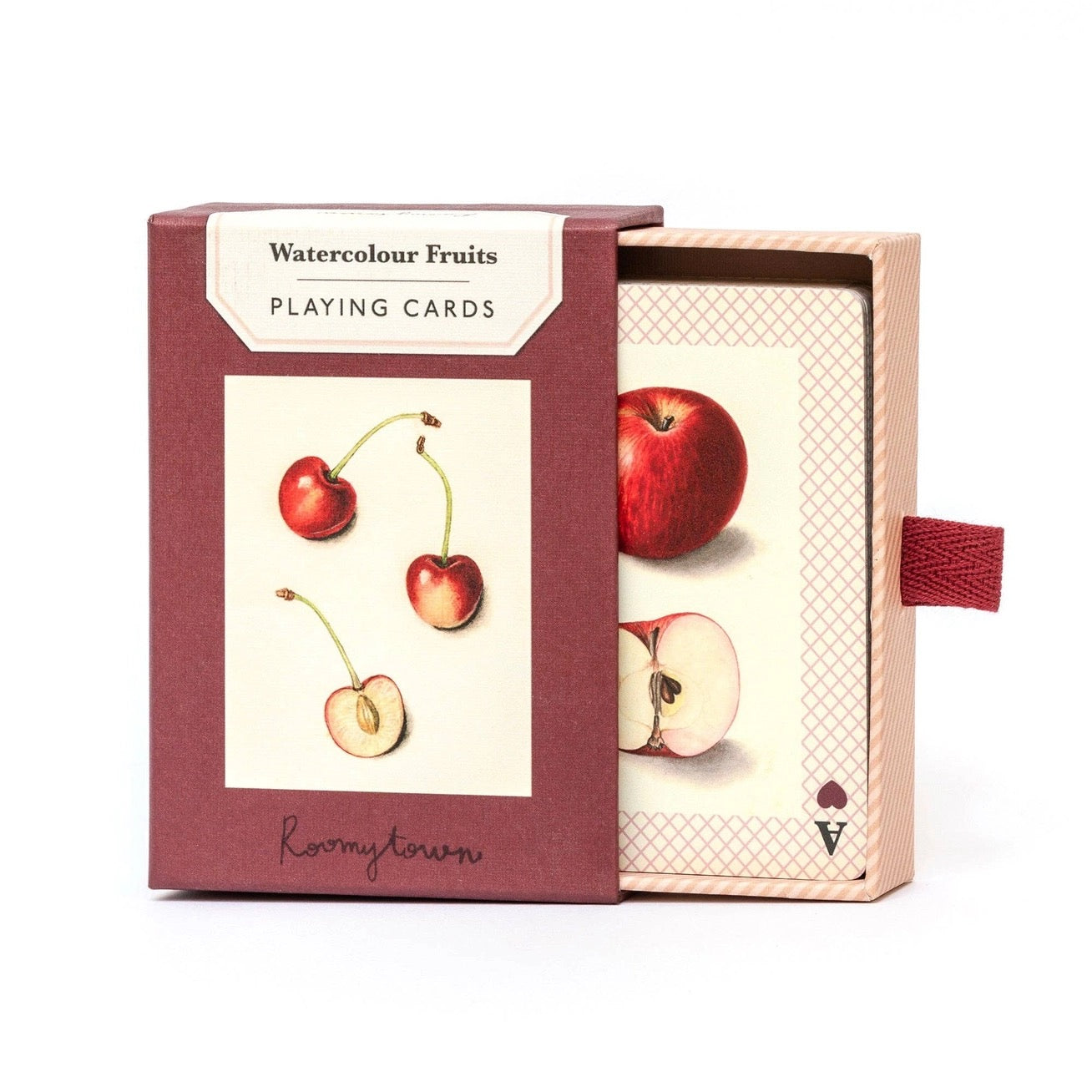 Playing cards with watercolor fruit design in a box