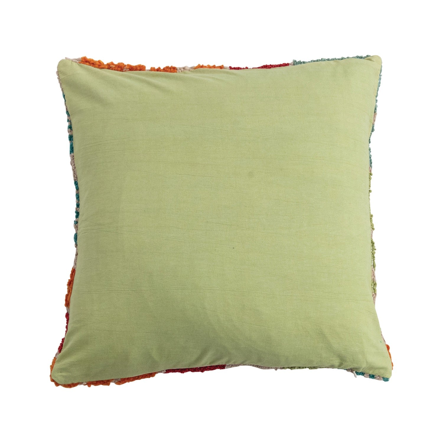 Green pillow with colorful trim on a white background