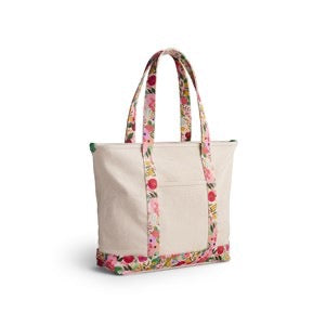 Beige tote bag with floral pattern on a white background