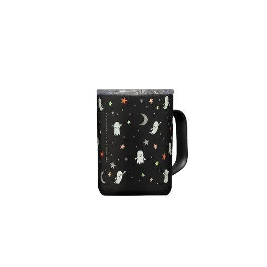 Black mug with Halloween-themed pattern on a white background