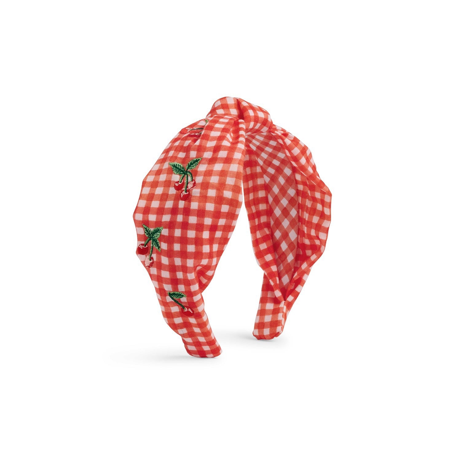 Red and white checkered headband with green palm tree designs on a white background