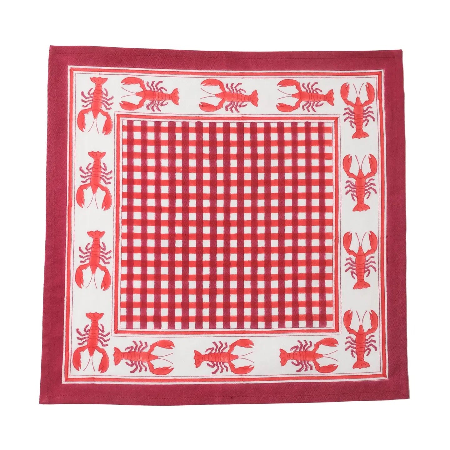 Red and white checkered cloth with lobster patterns on a white background