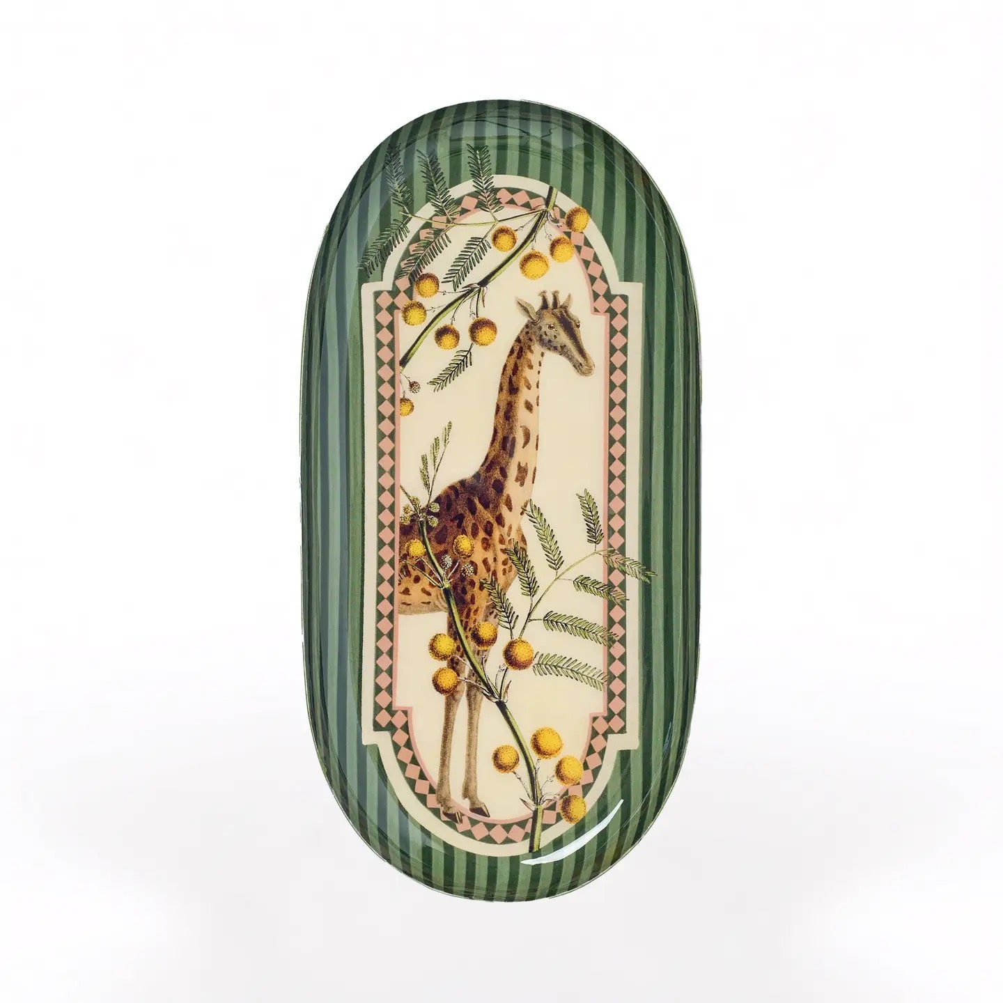 Decorative plate with a giraffe design on a green striped background