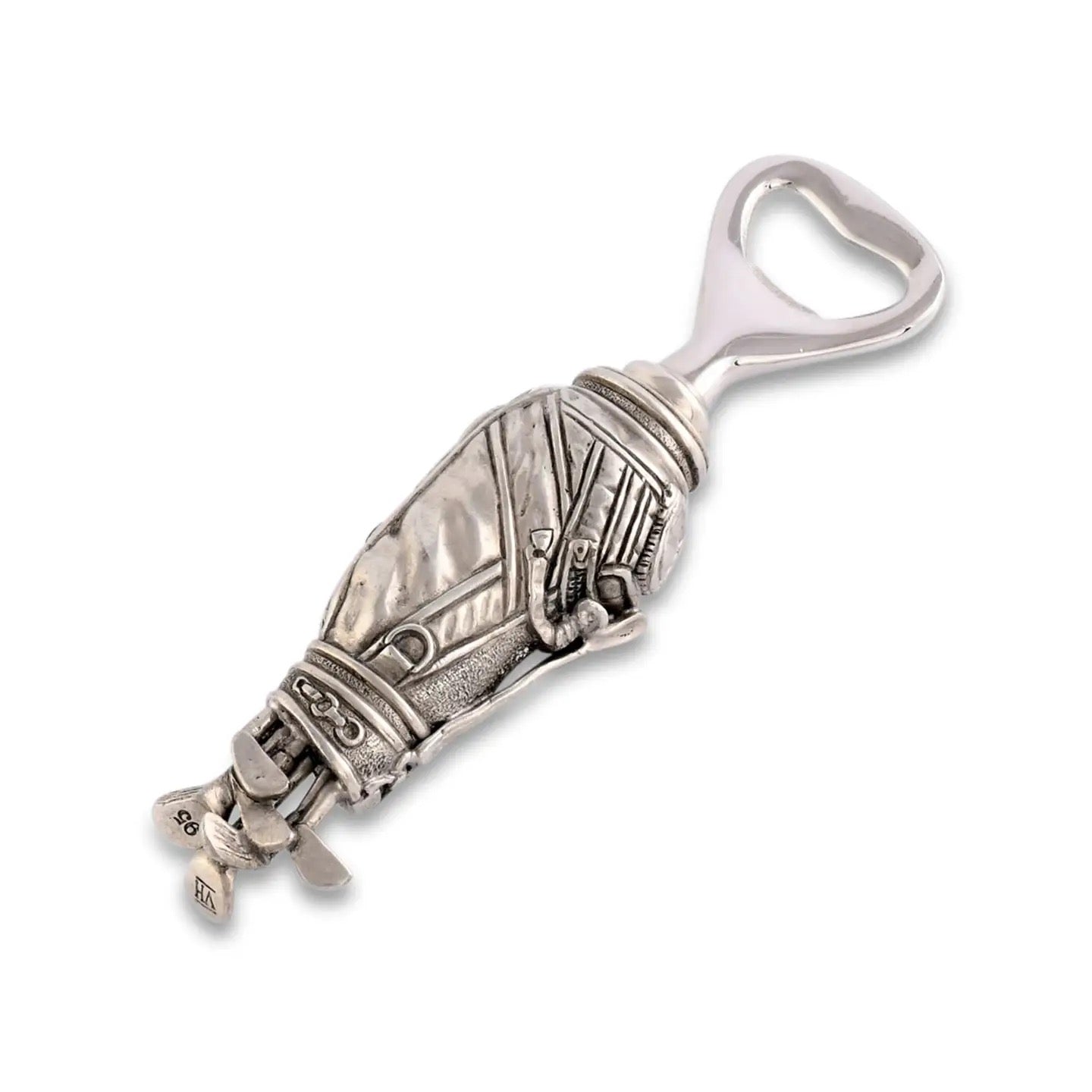 Silver bottle opener with intricate design on a white background