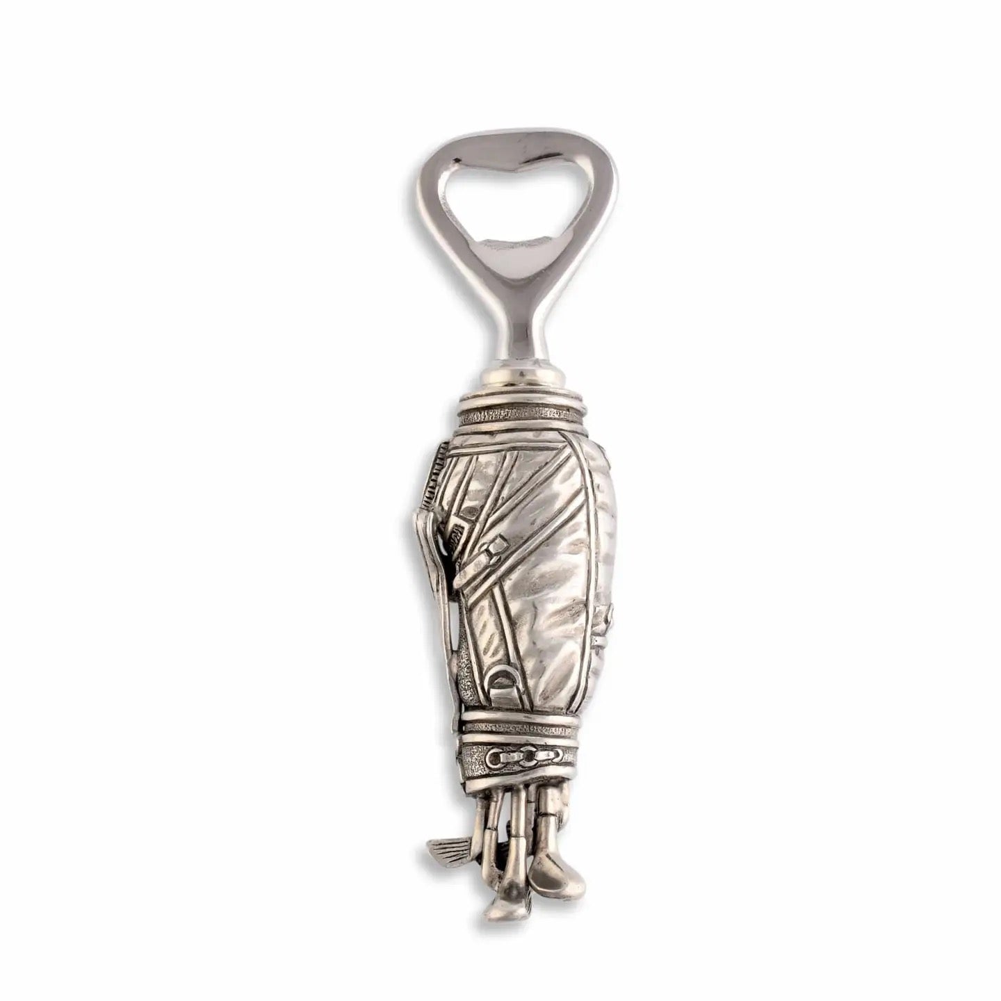 Silver bottle opener shaped like a mummy on a white background