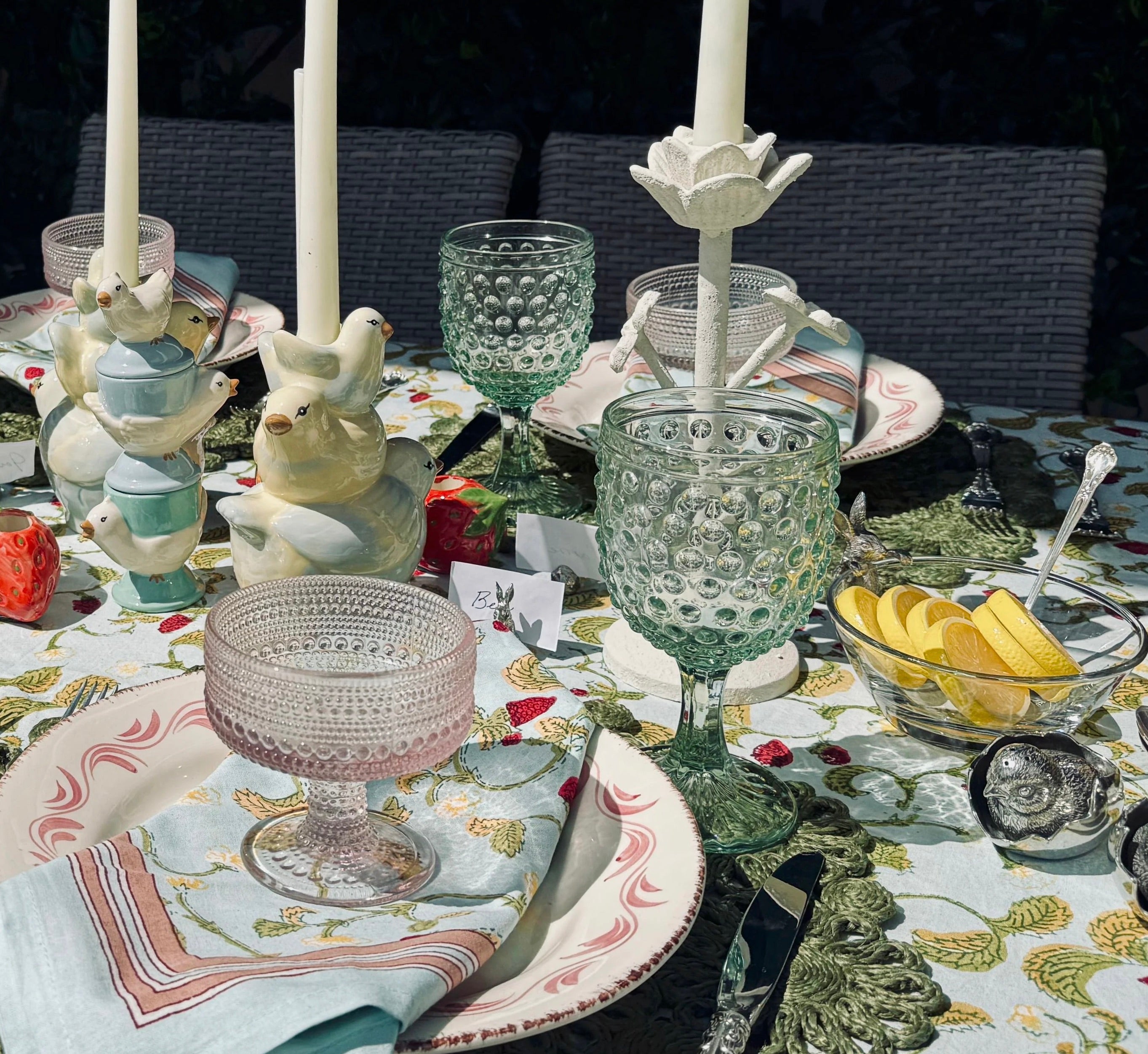 Green Hobnail Glass Goblet