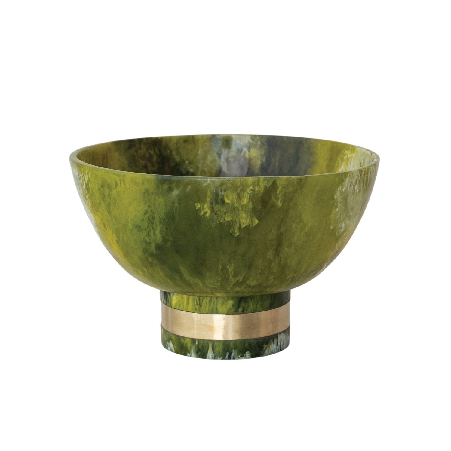 Green marble bowl with gold band on a white background