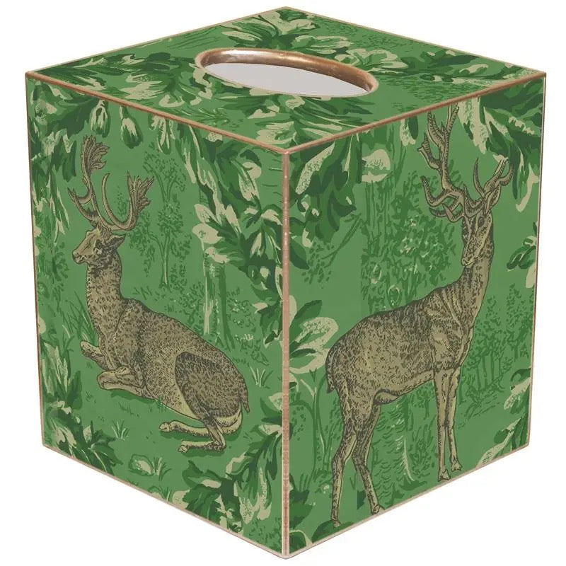 Green tissue box cover with deer design on a white background
