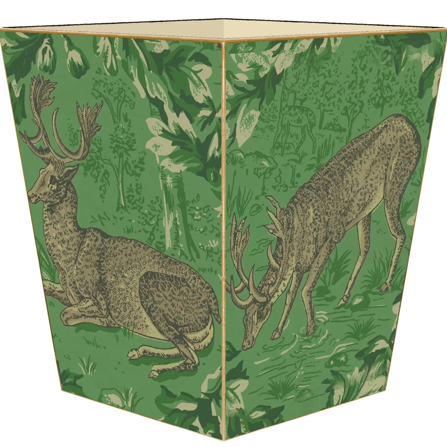 Wastebasket with deer design on a green background