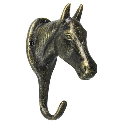 An antique bronze horse head wall hook with a textured, distressed finish, shown against a plain white background.