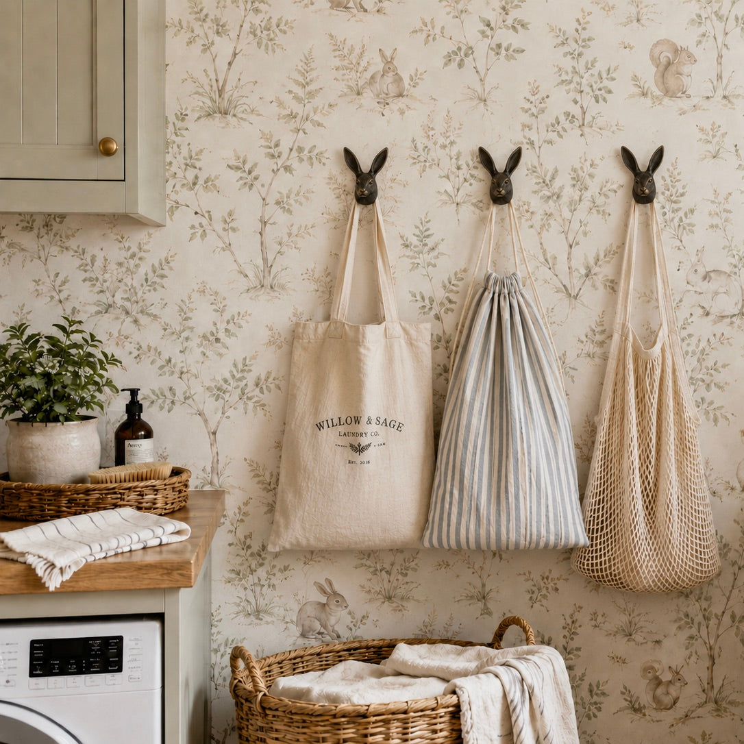Three fabric tote and drawstring bags hang from dark metal bunny-shaped hooks on a cream floral wallpaper wall in a styled laundry room setting.