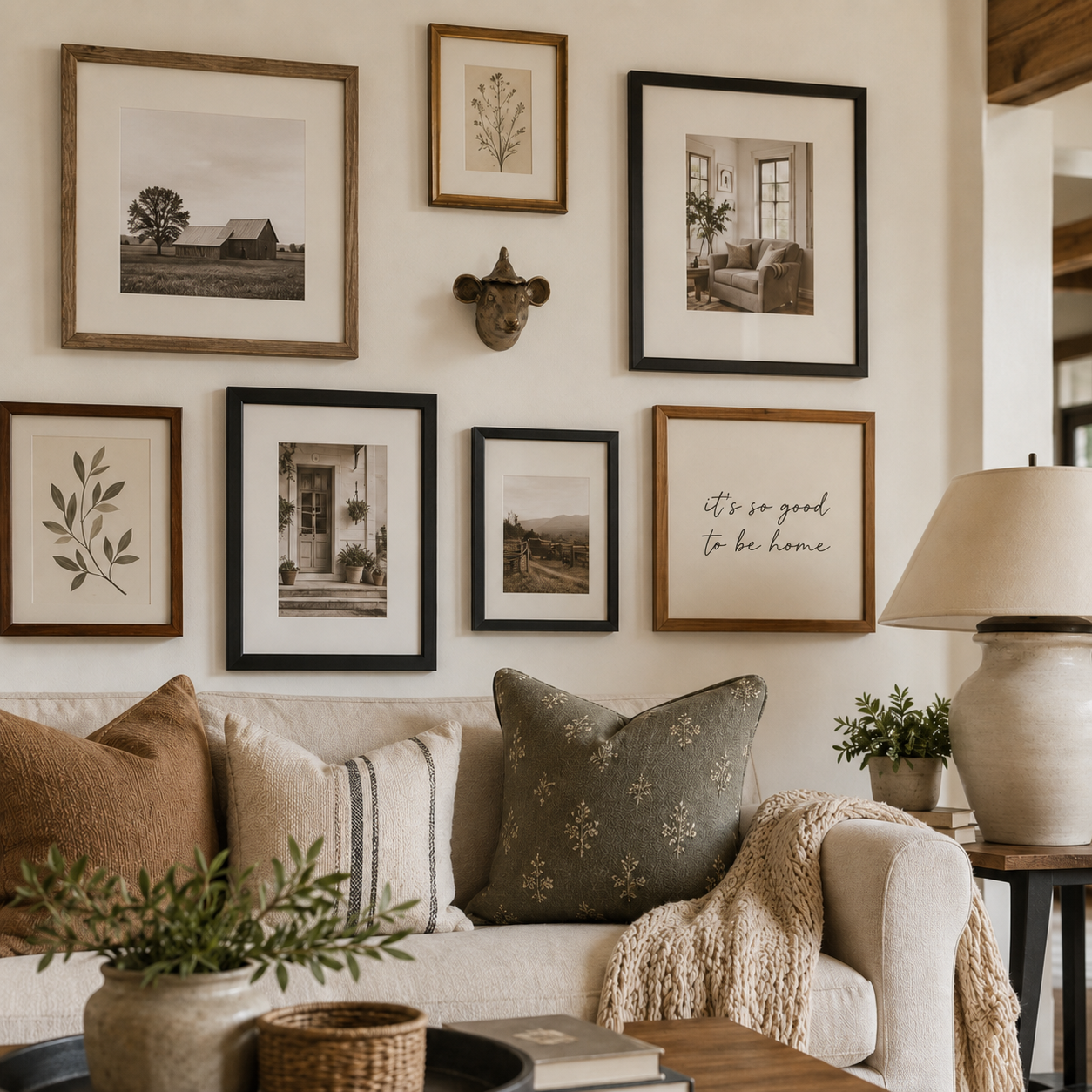 A styled living room scene showing a gallery wall with multiple framed black-and-white and warm-toned photographs, a small decorative skull, and a cream sofa with patterned pillows and a throw blanket. No person is present, but this is still not a clean isolated product shot; the real interior environment makes the best fit Lifestyle.