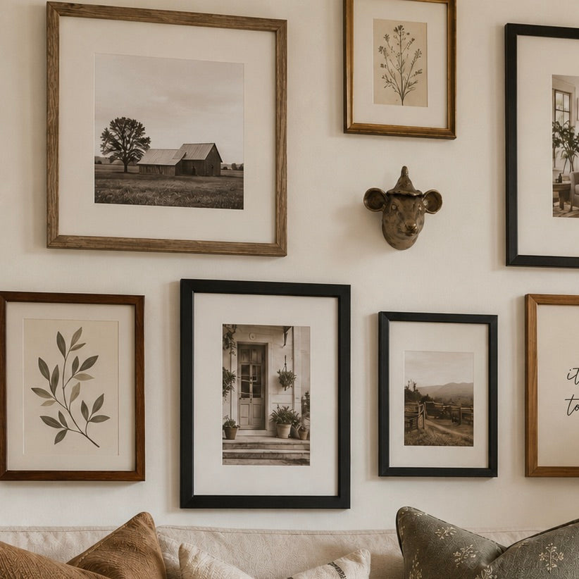A gallery wall display of framed botanical prints, a black-and-white farm scene, a doorway photograph, and decorative wall art in mixed wood and black frames, with a cow head wall mount above. Part of a sofa and pillows is visible at the bottom.