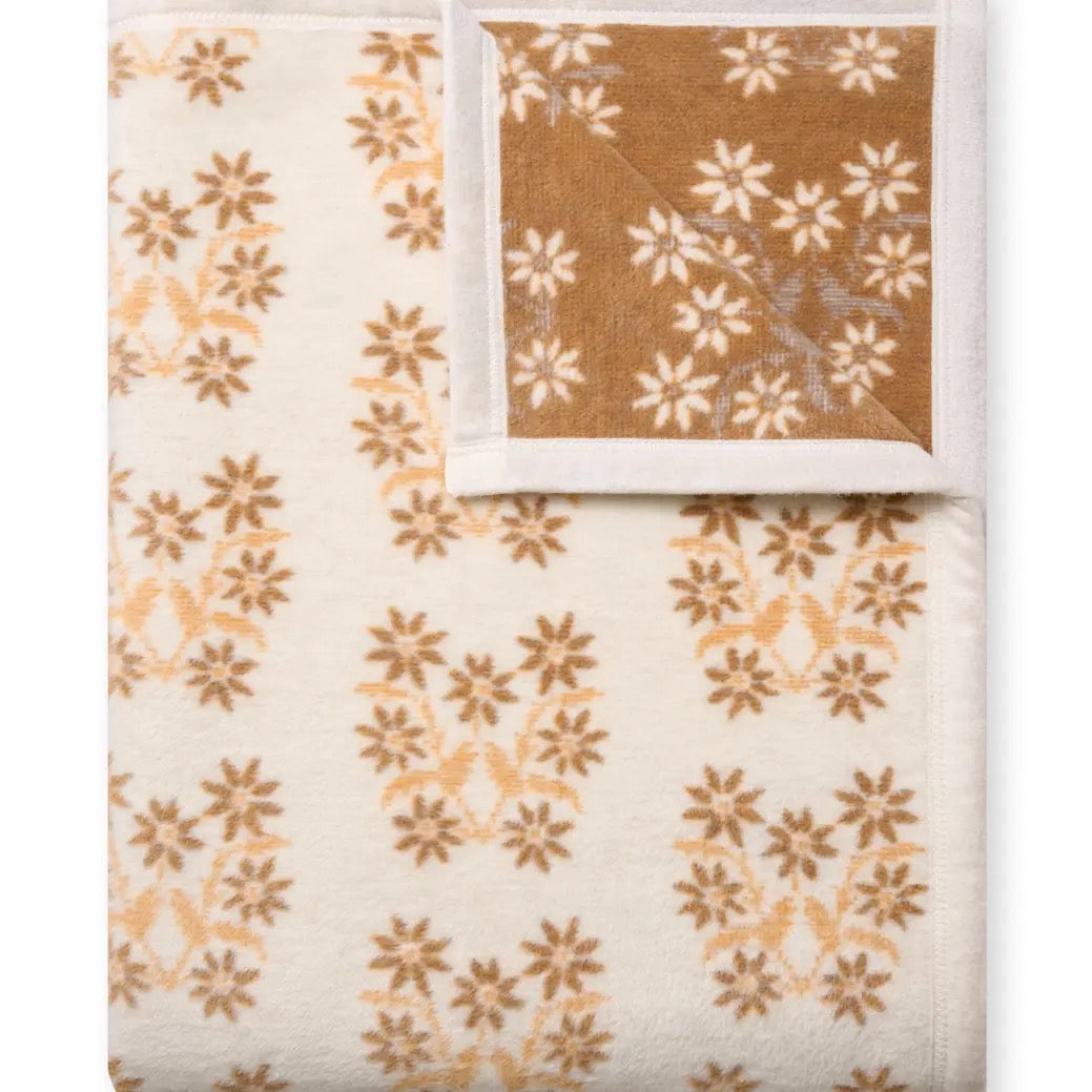 Floral patterned fabric swatches in orange and white on a beige background