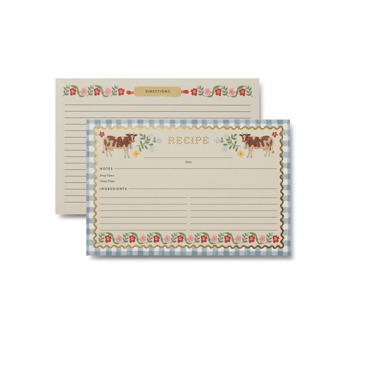 Set of recipe cards with cow illustration on a white background