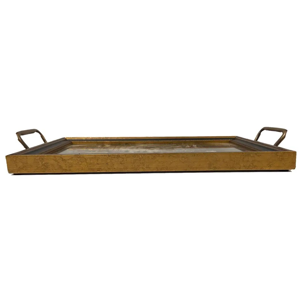Rectangular metal tray with handles on a white background