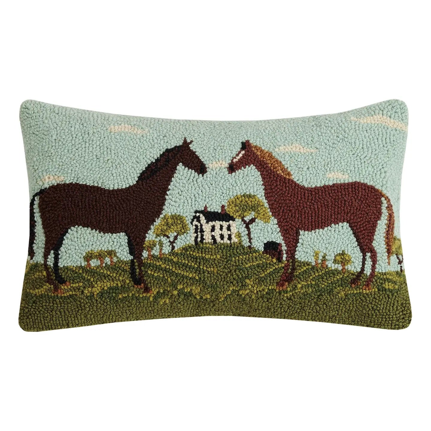 Decorative pillow with horse design on a white background