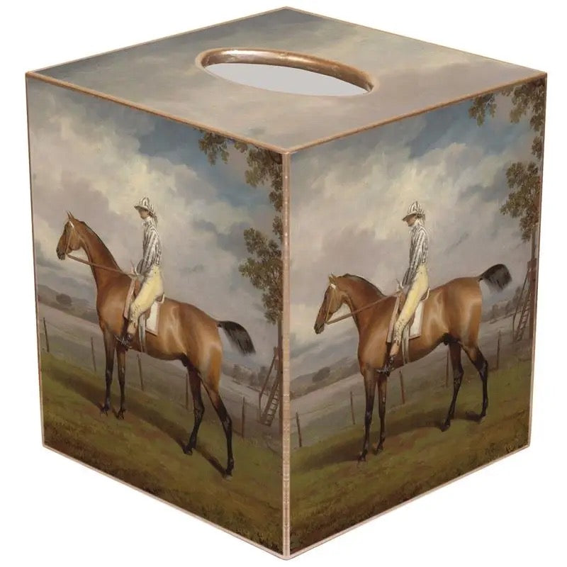 Tissue box cover with equestrian scene design on a white background