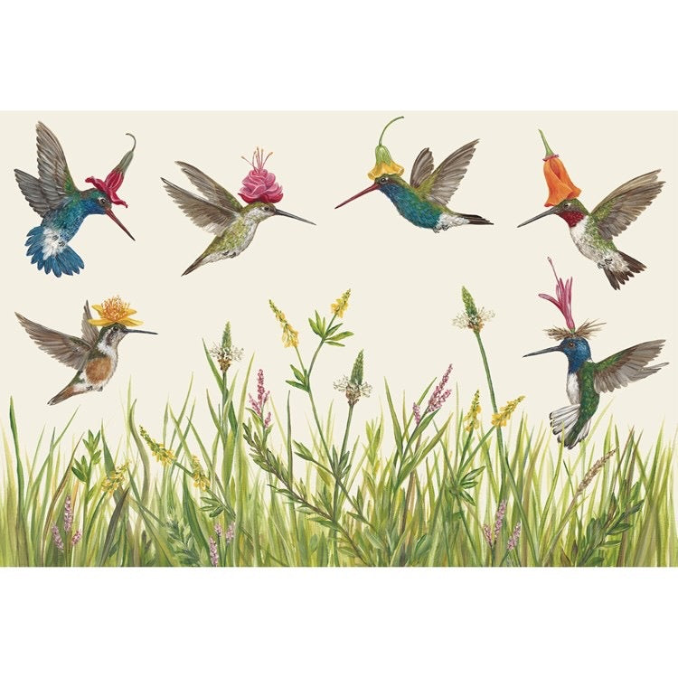 Illustration of various hummingbirds and flowers on a beige background