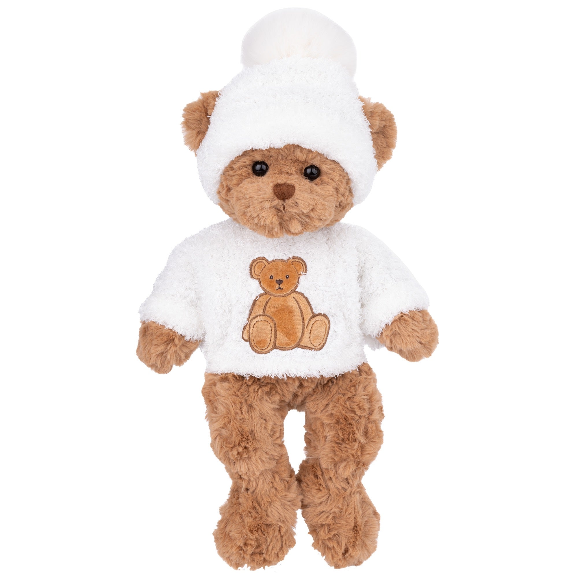 Plush teddy bear wearing a white outfit with a teddy bear design on a white background