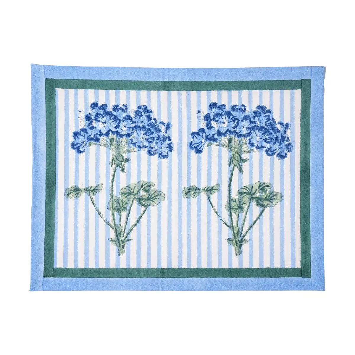 Fabric with blue floral design on a striped background
