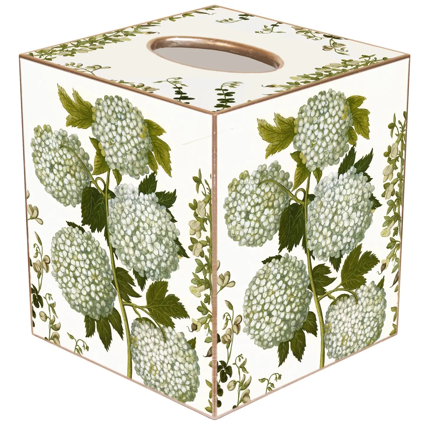 Tissue box cover with floral design on a white background