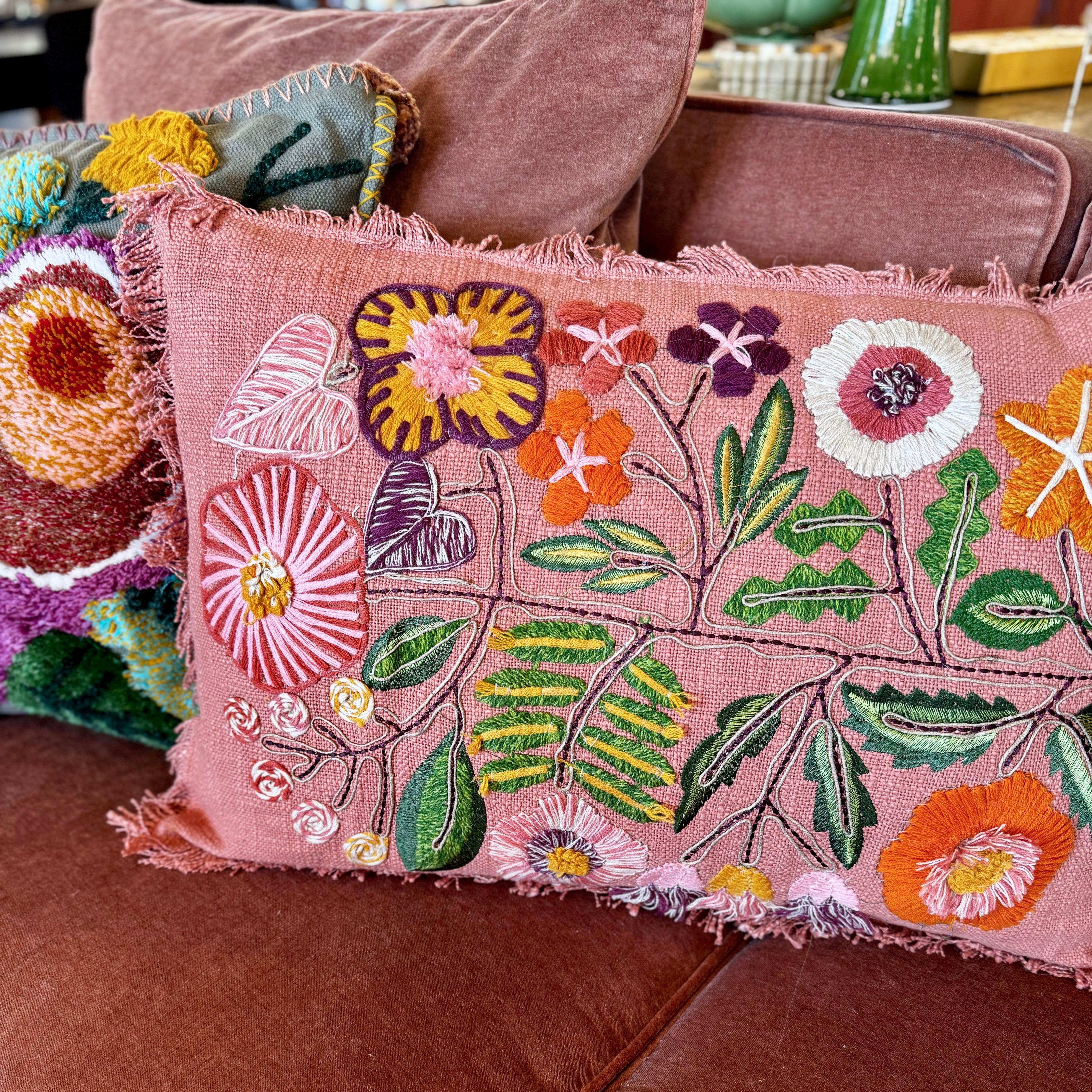 Summer Garden Embroidered Lumbar Pillow