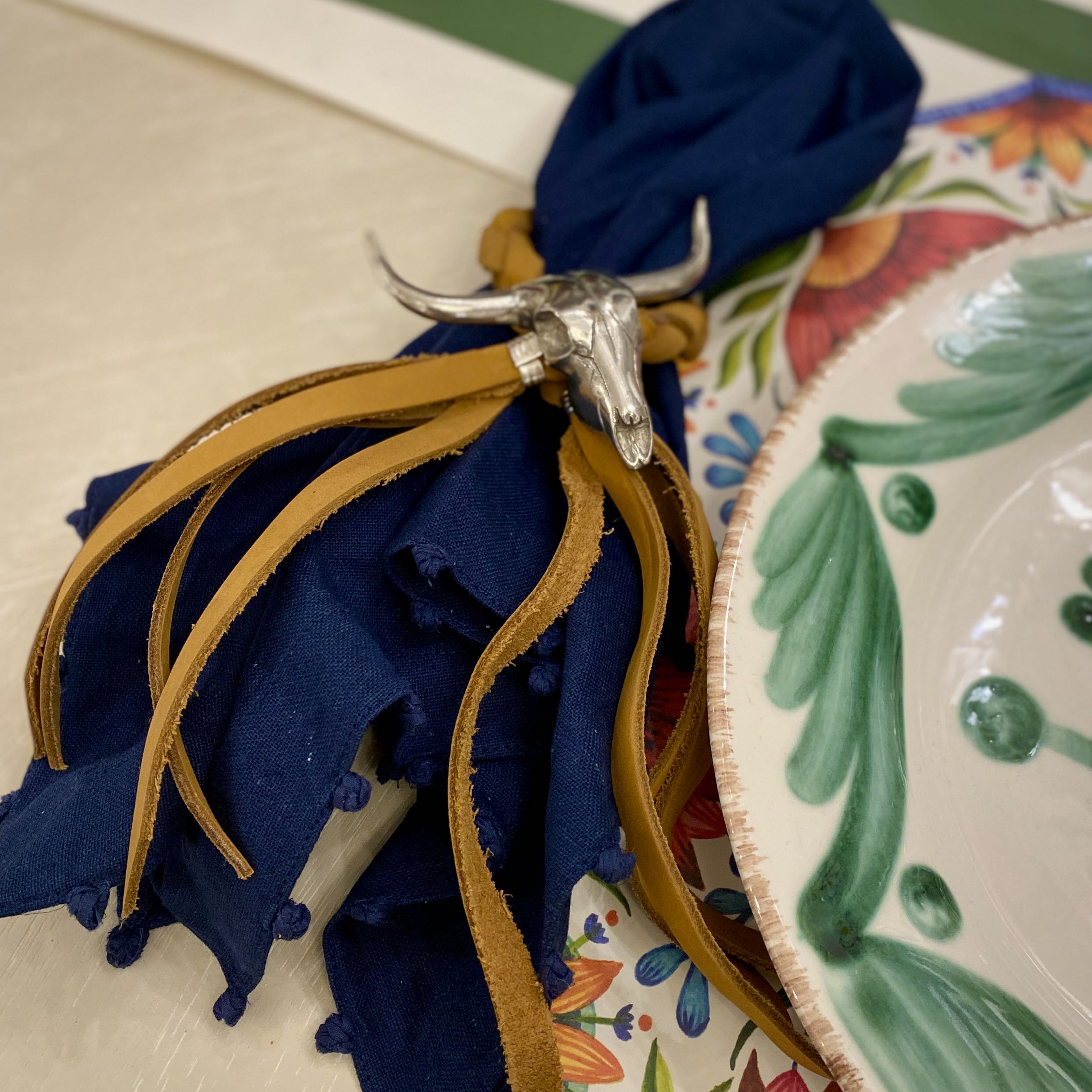 Pom Pom Border Napkin in Navy Blue - Set of 8